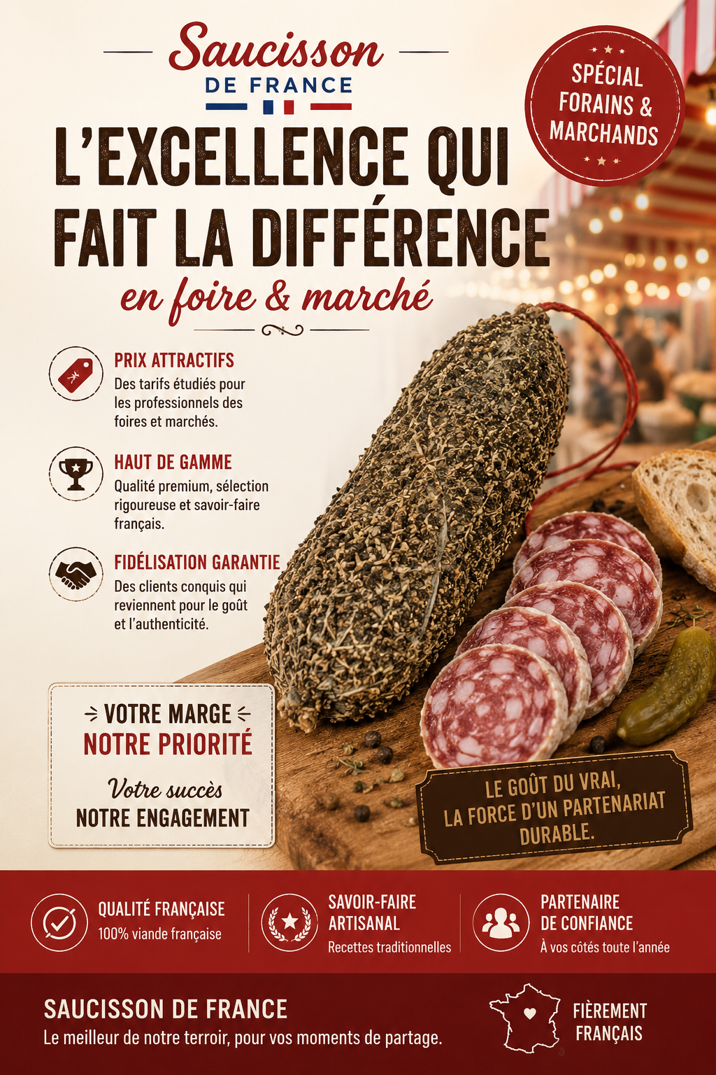 Flyer spécial forains et marchands pour de la vente de saucissons. En entête : Saucisson de France ; L'excellence qui fait la différence ; en foire et marché. Une liste de 3 points clés : prix attractifs, des tarifs étudiés pour les professionnels des foires et marchés ; haut de gamme, qualité premium, sélection rigoureuse et savoir-faire français ; fidélisation garantie, des clients conquis qui reviennent pour le goût et l'authenticité. Un encart : votre marge, notre priorité ; votre succès, notre engagement. Un deuxième encart : le goût du vrai, la force d'un partenariat durable. Un premier pied de page avec 3 éléments clés : qualité française, 100% viande française ; savoir-faire artisanal, recettes traditionnelles ; partenaire de confiance, à vos côtés toute l'année. Un deuxième pied de page avec en contenu : saucisson de Frnace, le meilleur de notre terroir, pour vos moments de partage ; fièrement français